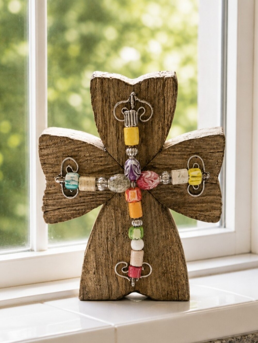 Beaded Cross Wood Table Decor - Multicolor Beads